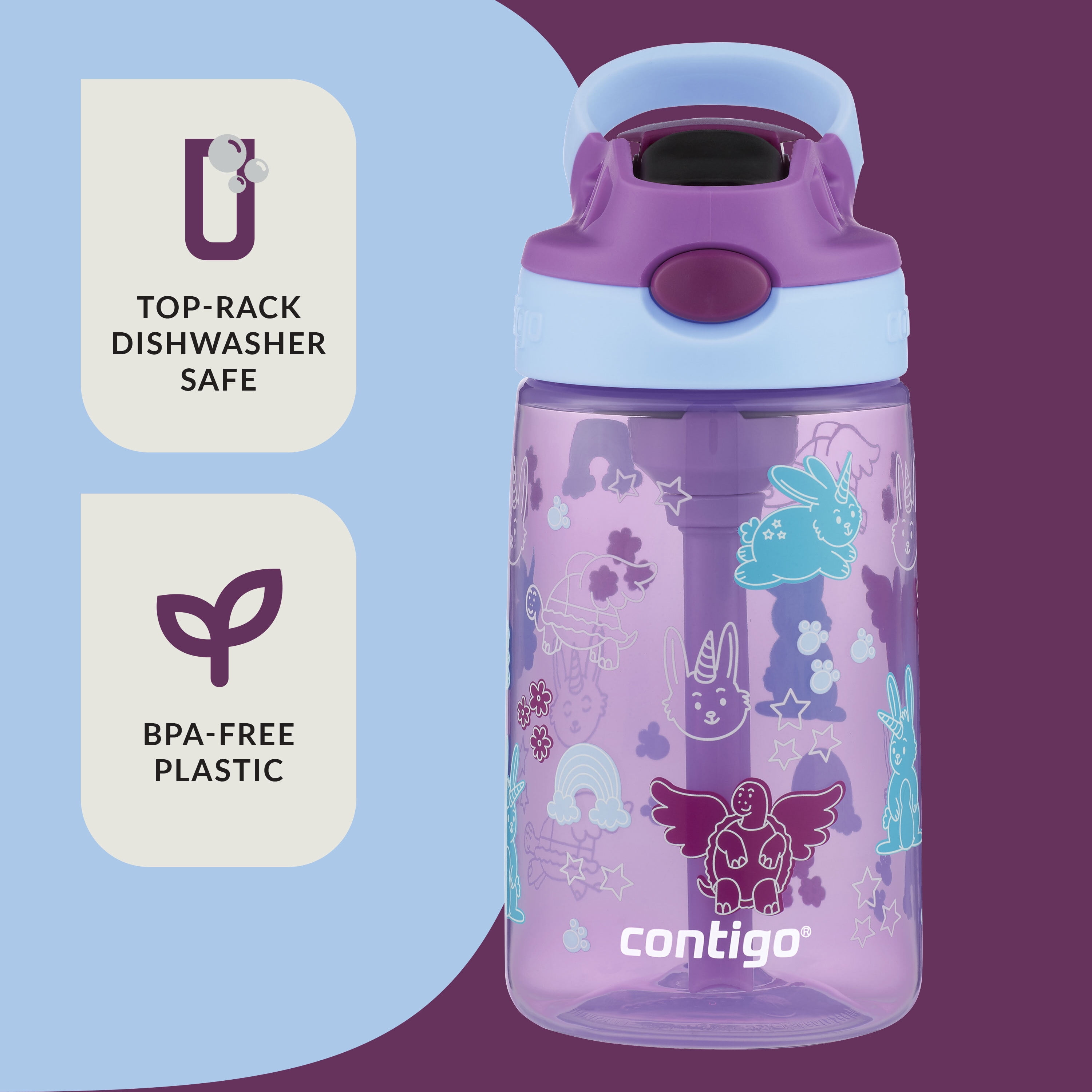 Contigo Kids Plastic Water Bottle with Straw Lid Purple Bunnicorns and Flying Turtles, 14 fl oz.