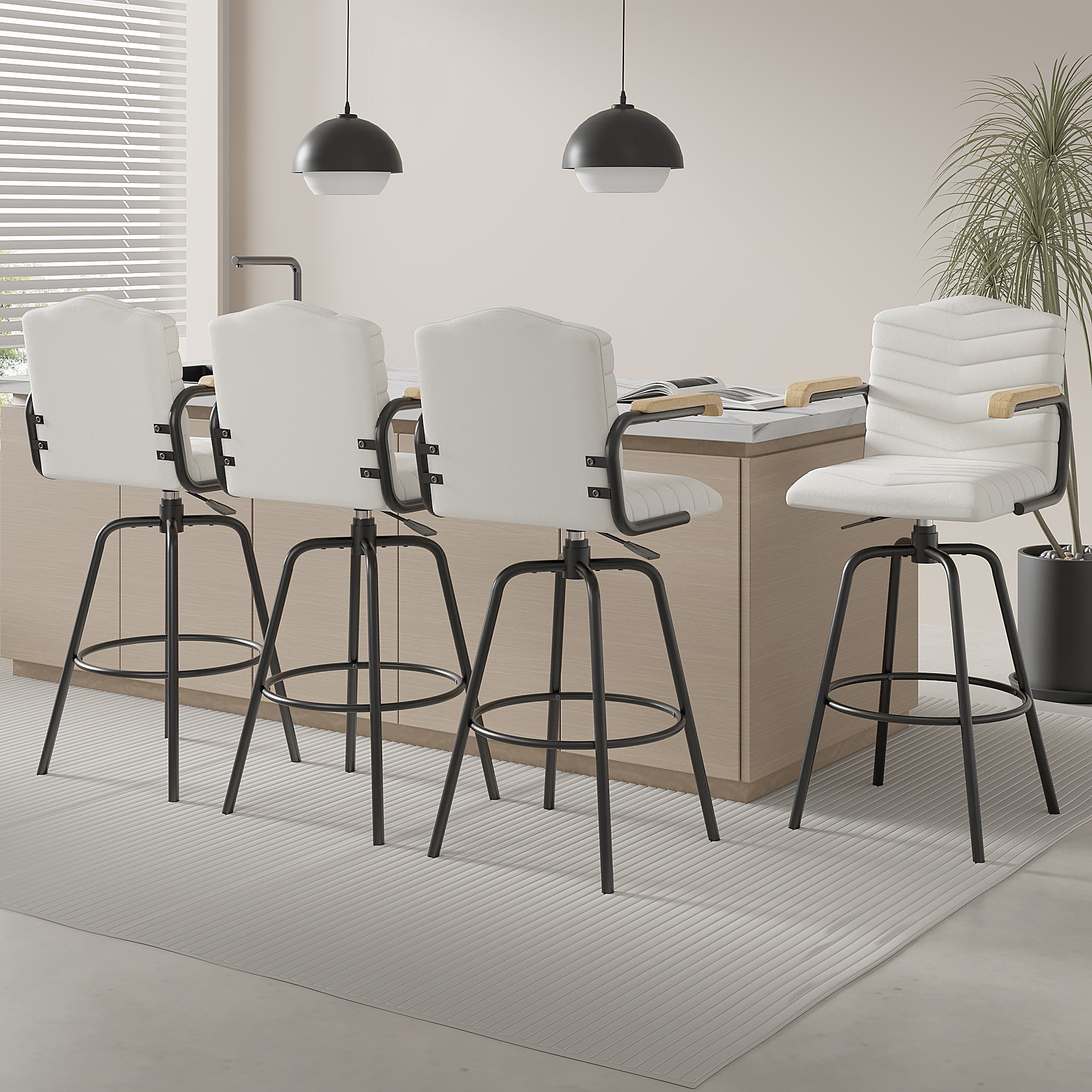 VECELO Set of 4 Counter Height Swivel Bar Stools with Back and Armrest, Modern Velvet Upholstered Bar Chairs for Kitchen Island, Steel Stool Frame, Beige