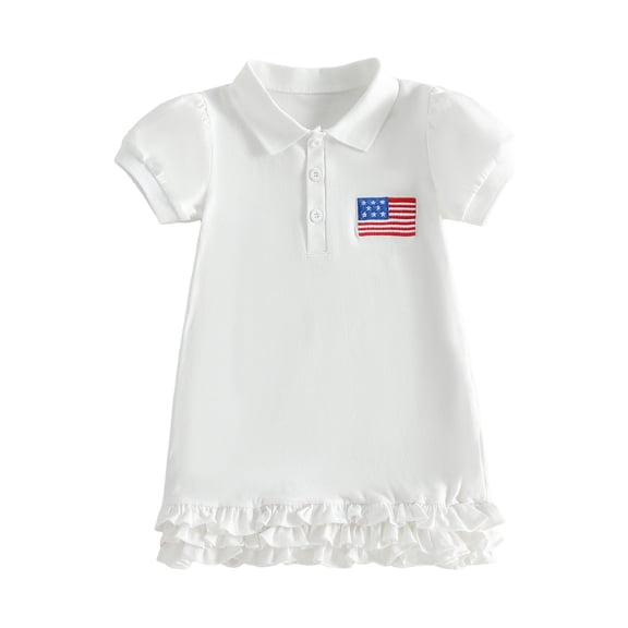 BemeyourBBs Toddler Baby Girl 4th of July Dress Outfits Patriot American Flag Patch Embroidered Ruffled Trim A Line Button Collared Puff Short Sleeve Summer Dress Little Girl Independent Day Dresses