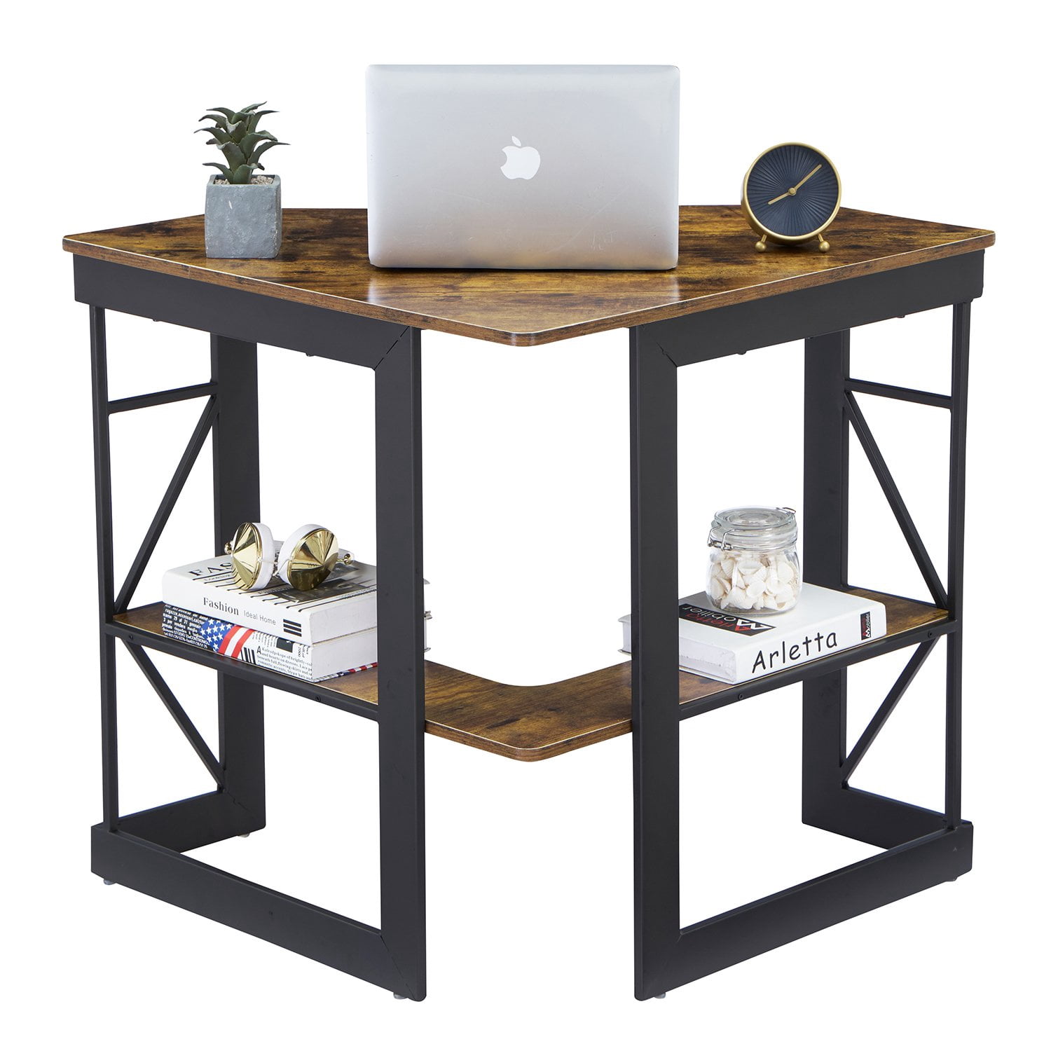VECELO Corner Computer Desk with Keyboard Tray and Storage Shelf, Student Study Writting Table Workstation for College Dorm Apartment Home Office, Antique Brown (90 Degrees)