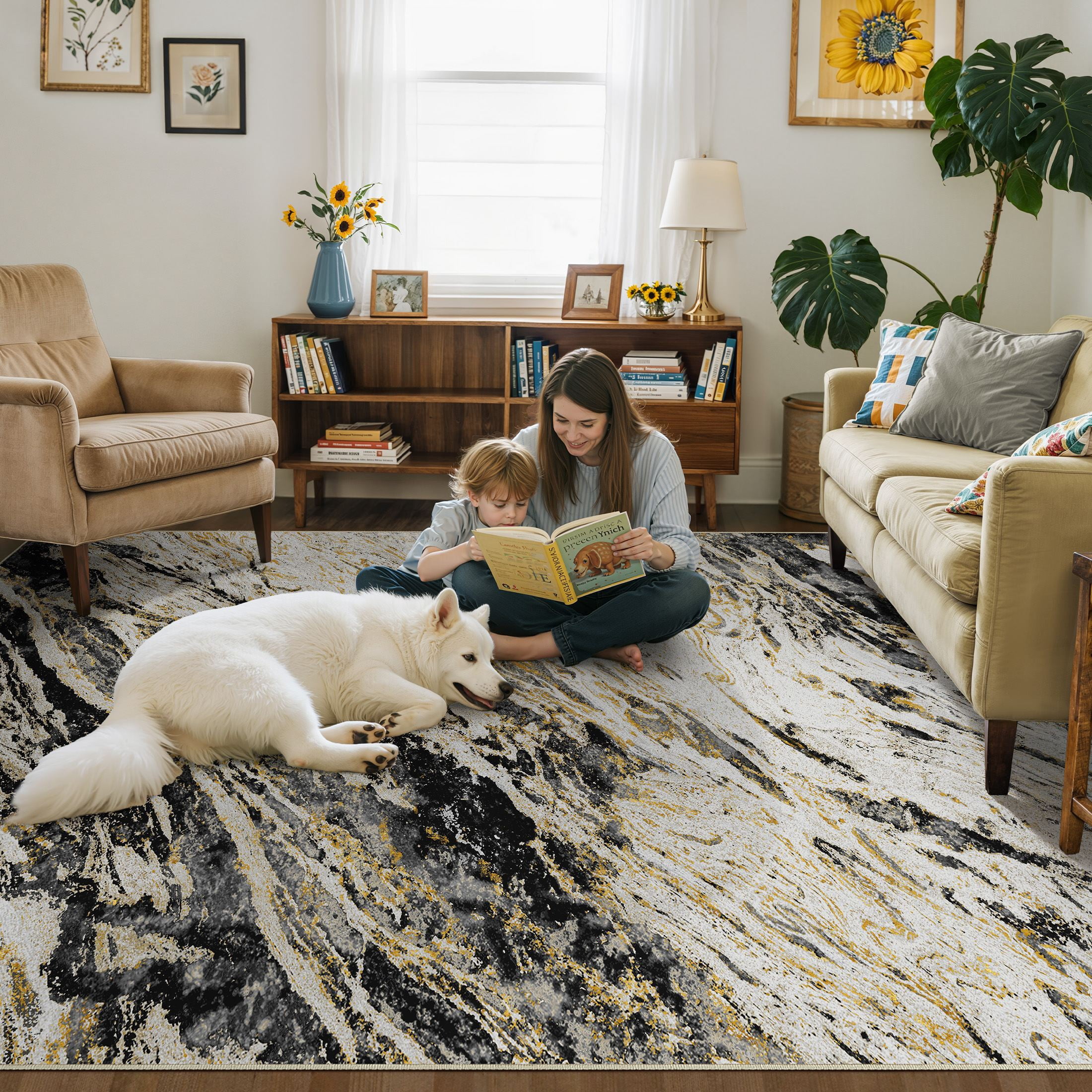 MICGEEK 6x9 Washable Area Rugs for Living Room, Modern Abstract Printed Rug, Vacuum-Friendly, Non Slip Indoor Rug for Bedroom Dining Room Home Decor Carpet, Black/Gold