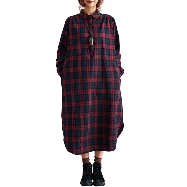 Vestido, Vestido a cuadros de mujer con bolsillos Botones Manga larga Vestido suelto Tomshoo Rojo/Grande