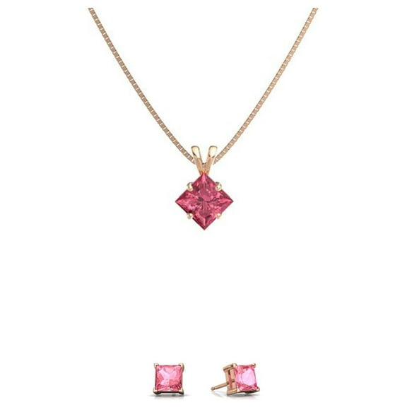 18K Rose Gold 4ct Pink sapphire Square 18 Inch Necklace and Earrings Set Plated
