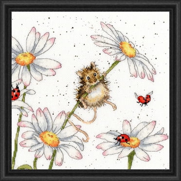Daisy Mouse Cross Stitch Kit - 26x26cm Design With Pre-Sorted Threads & 14 Count Aida Fabric