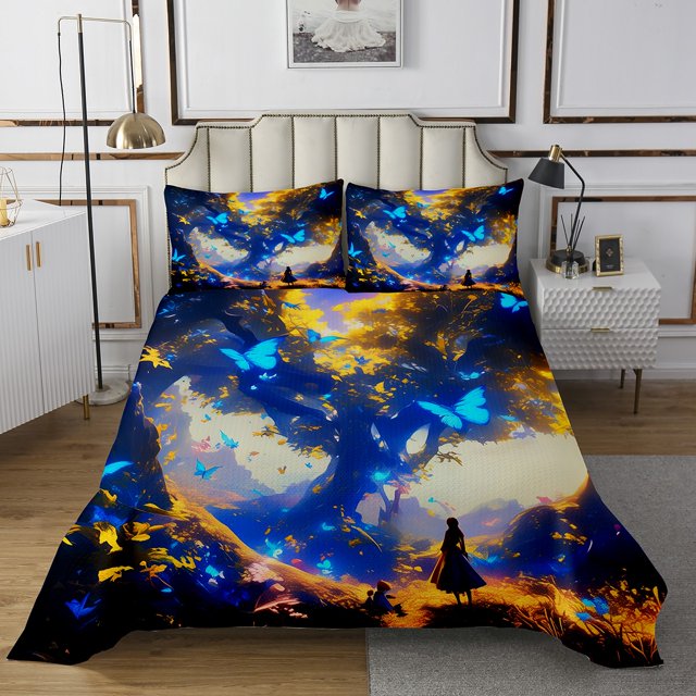YST Glowing Butterfly Twin Quilt Set Girls Princess Coverlet Set, Jungle Adventure Bedding Set Magic Animal Bedspread Set, Botanical Tree Bed Quilt Room Decorative