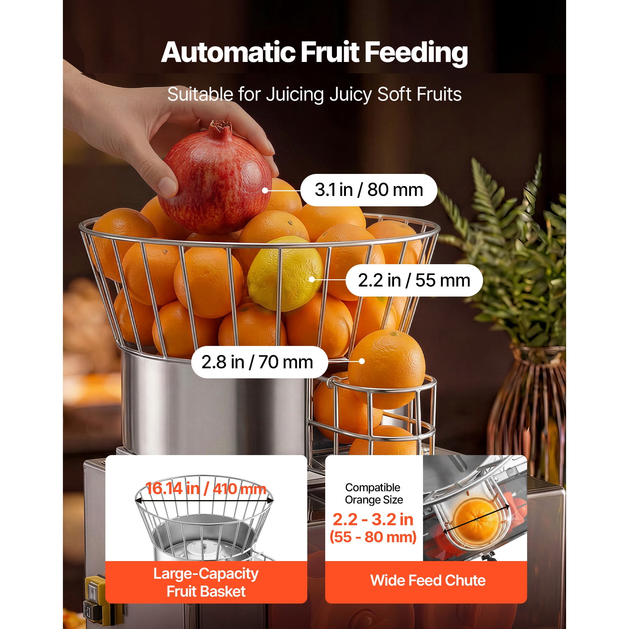 KFFKFF Commercial Orange Juicer Machine, 120W Electric Automatic Citrus Squeezer, Efficient Juice Extractor for 20 Fruits Per Minute, Stainless Steel Design with Peel Collection and Protective Cover