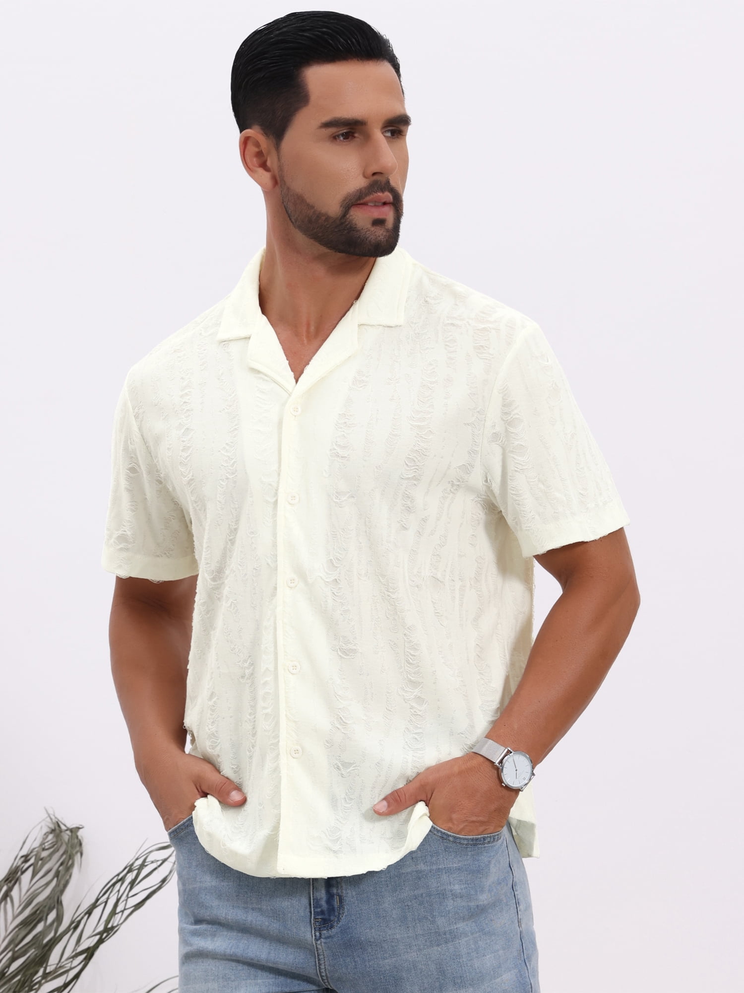 DARING DIVA Men's Camp Collar Button Down Short Sleeve Distressed Ripped Shirts XL Beige