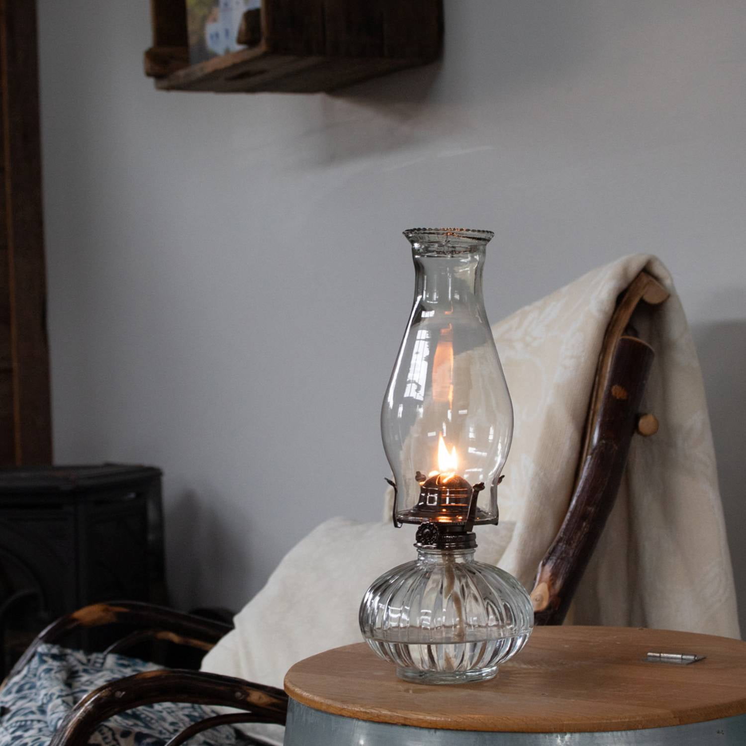 Lehman's Rayo Ellipse Oil Lamp, Indoor Non-Electric Lighting for Everyday or Emergencies, Clear Glass Font and Chimney, Silver-Plated Burner, 13 inches
