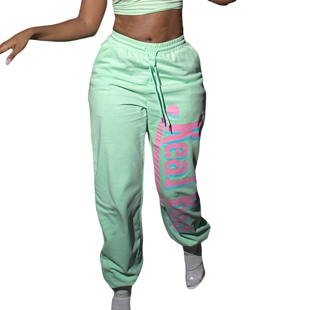 Gibobby pantalones de mezclilla afelpados mujer Pantalones y pantalones de chándal informales sueltos con bolsillo de cuerda y cintura con estampadas en offset de otoño e invierno (Verde, M)