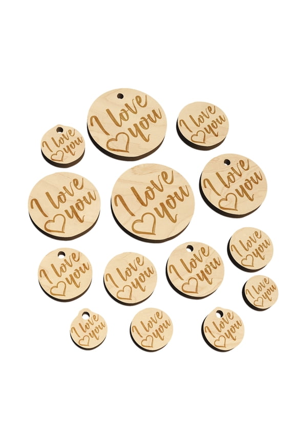 I Love You in English Heart Wood Mini Charms Shapes DIY Craft Jewelry - No Hole - 14mm (26pcs)