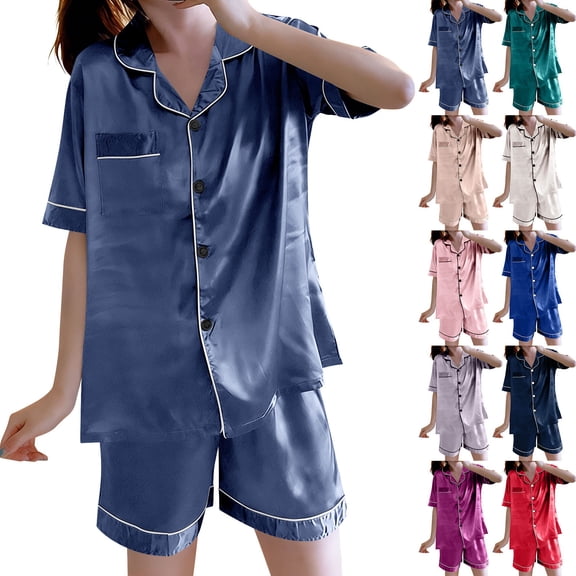 Asxite Pajamas for Women Set Solid Summer Short Sleeve Shorts Set Lapel Loungewear 2 Piece