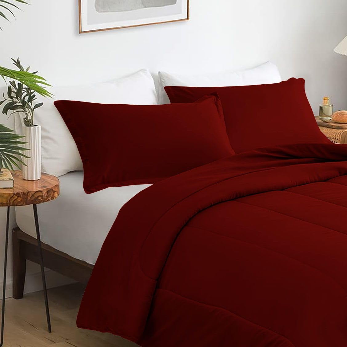 3 Piece Luxury Thicker Pattern Comforter Set, 800 TC, 100% Egyptian Cotton, Twin/Twin XL Size Burgundy Solid Color