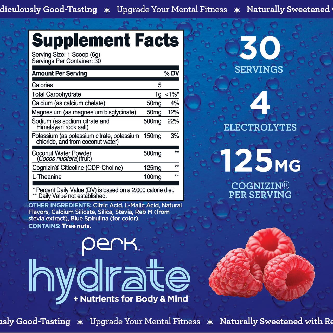 Perk Hydrate Electrolyte Drink Mix Powder (Blue Raspberry) 30 Servings - Coconut Water, CDP-Choline, L-Theanine, Gluten-Free, Keto Friendly, Vegan