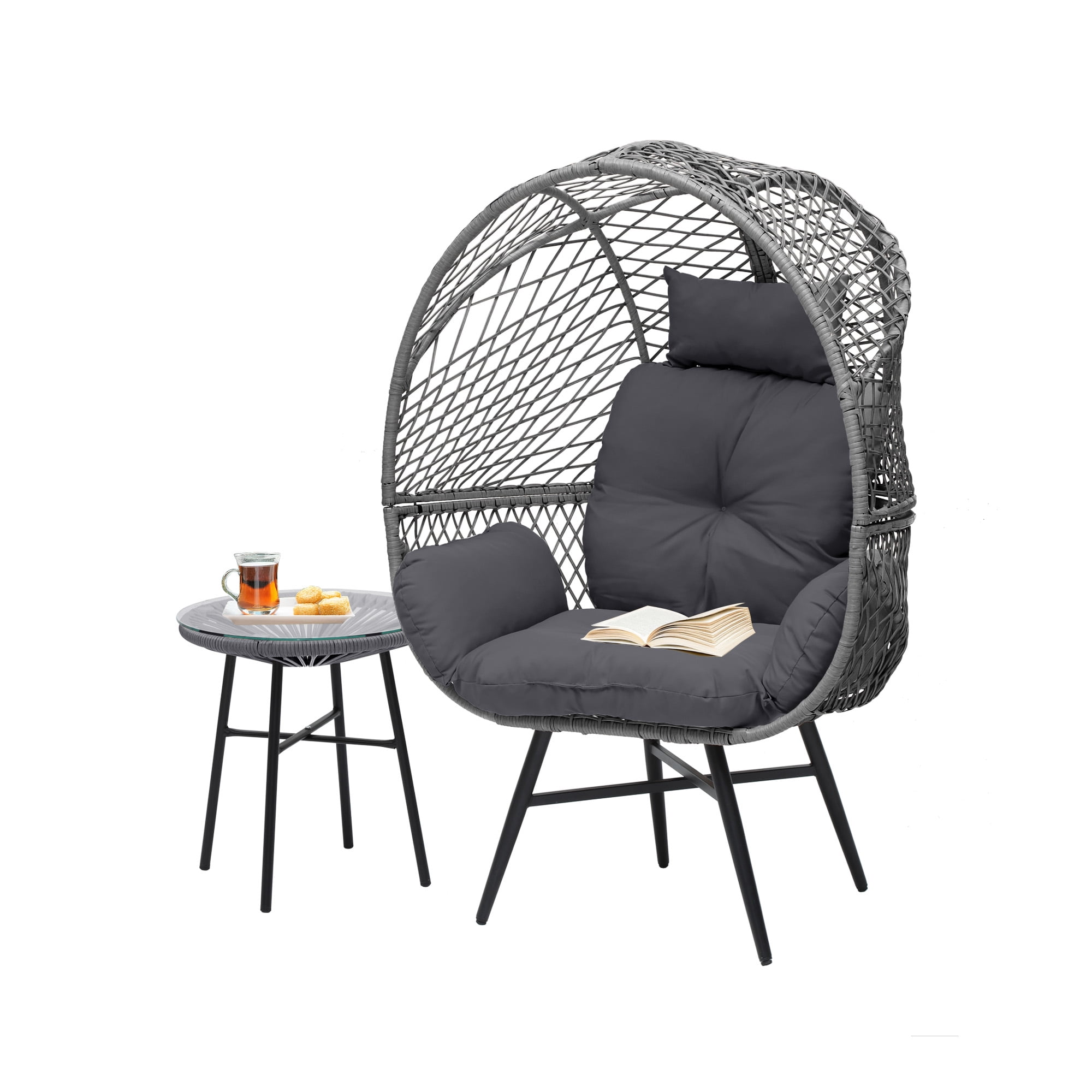 Uforic Wicker Egg Chair Set with a Stand, Comfortable Cushions and a Coffee Table, Suitable for Indoor and Outdoor Use