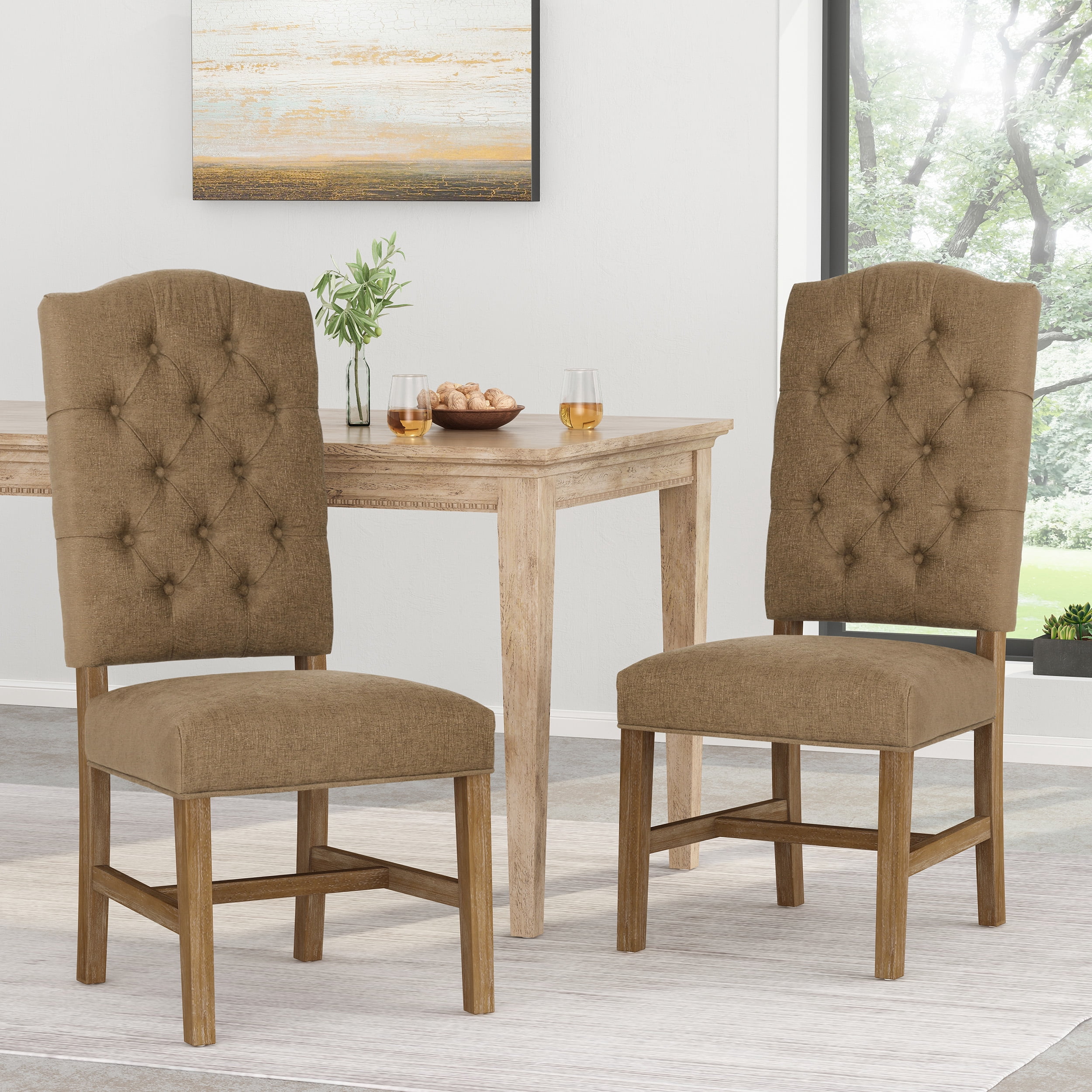 Noble House Tuttle Indoor Fabric Tufted Dining Chairs, Set of 2, Dark Beige, Natural