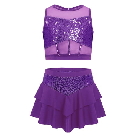 Aiihoo Kids Girls Sequin Jazz Latin Dance Dress Sleeveless Crop Top with Skirt 2 Piece Ballet Lyrical Dance Outfit Purple 6