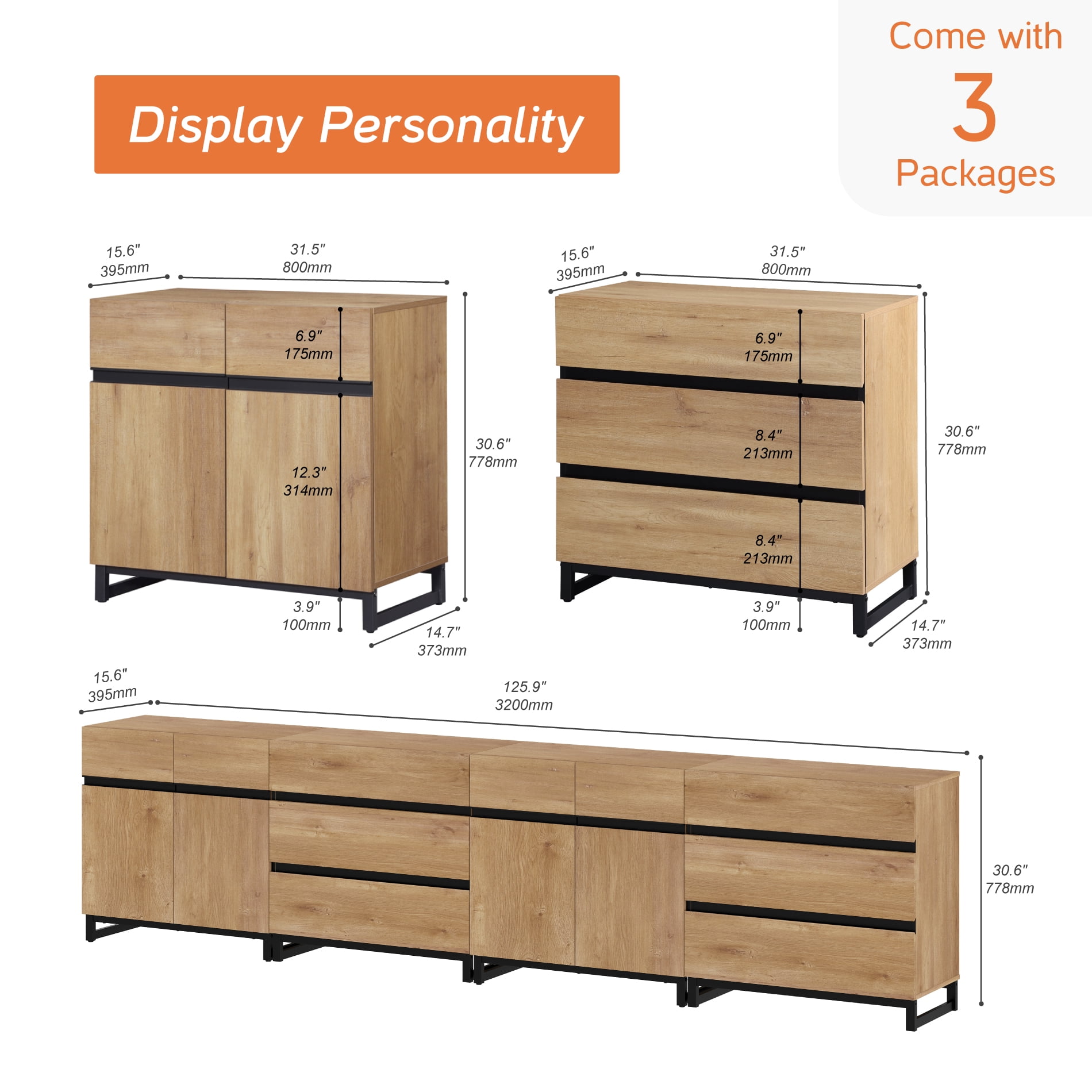 Modern 4-In-1 Multifunctional Sideboard Buffet with Adjustable Shelves and 6 Drawers for Living Room,Dining Room,Oak