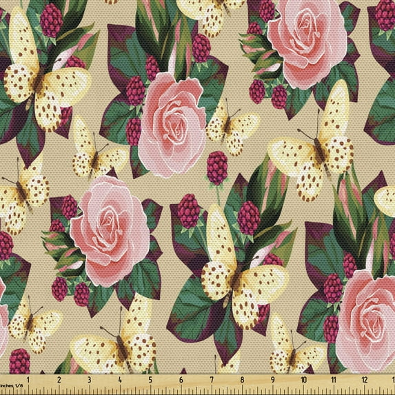 Floral Sofa Upholstery Fabric by the Yard, Rhythmic Rose Flower Blossoms Leaves Berries Twigs Illustration Print, Decorative Fabric for DIY and Home Accents, Pastel Brown Multicolor by Ambesonne