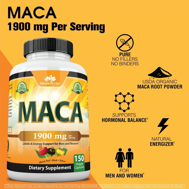 Organic Maca Root Black, Red, Yellow 1900 mg per serving - 150 Vegan Capsules Peruvian Maca Root Gelatinized