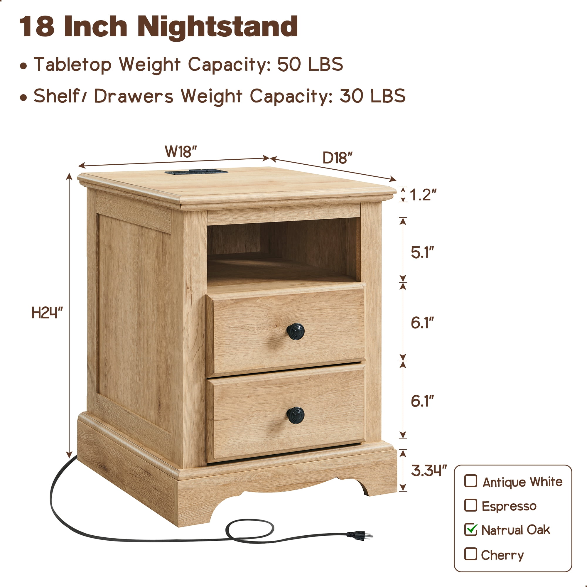 OKD Nightstand with Charging Station, End Table with 2 Drawers, Wood Rustic Bedside Tables with Open Storage Shelf，Natural Oak