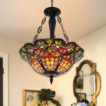 AFANQI 18 inch Tiffany Style Chandelier, 3 Light Stained Glass Dining Room Hanging Chandelier