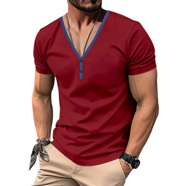 Playeras Elvqul para Caballero Vino Playa Cuello en V sin Estampado Manga Corta Botones
