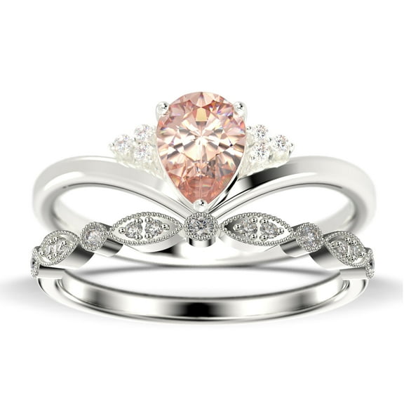 Gorgeous Minimalist 1.75 Carat Pear Cut Morganite And Diamond Moissanite Unique Engagement Ring, Affordable Wedding Ring, One Matching Band in 925 Sterling Silver With 18k White Gold Plating