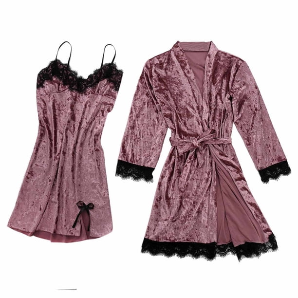 Pijama sexy de tres piezas para mujer, pijama de tres piezas de encaje de terciopelo de encaje de color sólido, camisón, ropa de dormir Fridja nalpqowj48963