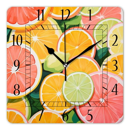 14 Inch Wall Clock Battery Operated Square Clock Decorative for Office, Kitchen, Outdoor, Living Room，Vintage Colorful Lemons Elegant Design