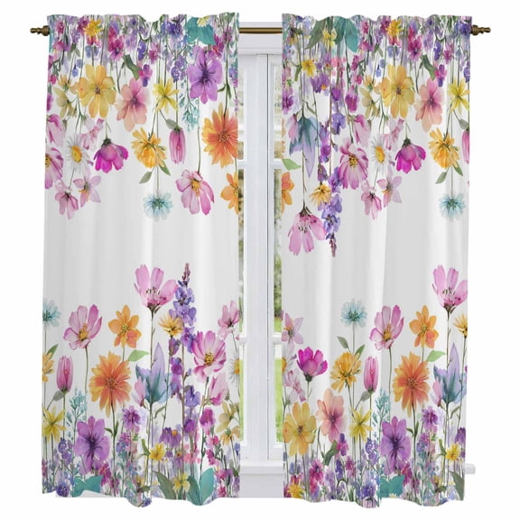 Pink Spring Floral Kitchen Curtains 63 Inch Length, Flowers Elegant Pastoral Watercolor Tiers Curtains for Living Room Berdoom Bathroom, Light Filtering Drapes Window Treatment 2 Panels 42"Wx63"L
