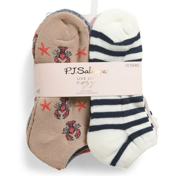 PJ SALVAGE SOCKS WOMEN'S - NO SHOW 253 - LOBSTER STRIPED - SHOE SZ 4-10 -PACK 10