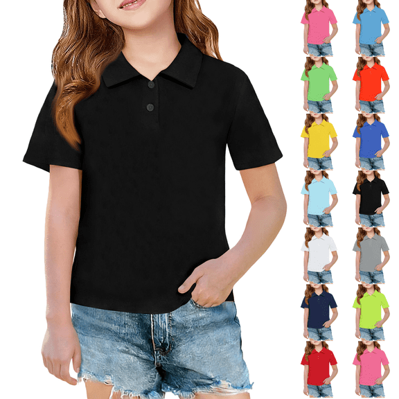 Girls Short Sleeve Polo Shirts Kids School Uniform Pique Polo Shirt 5-14 Years Black 140