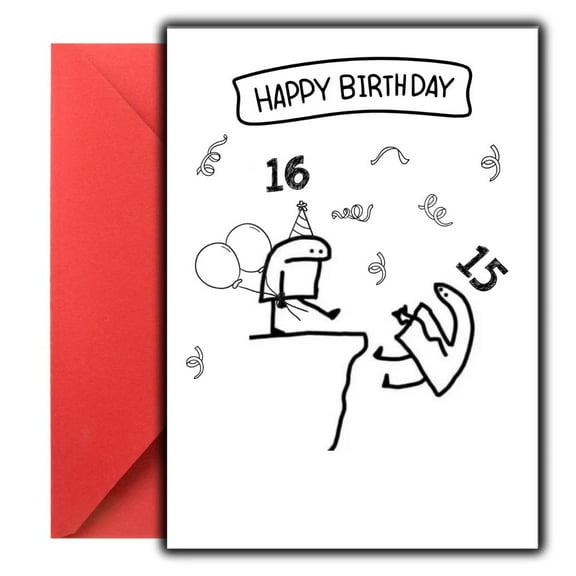 Funny Happy Birthday Card for Teens – Unique Cartoon Design with Balloons and Party Hat – Blank Inside, Envelope Included – Perfect for 15th and 16th Birthday Celebrations