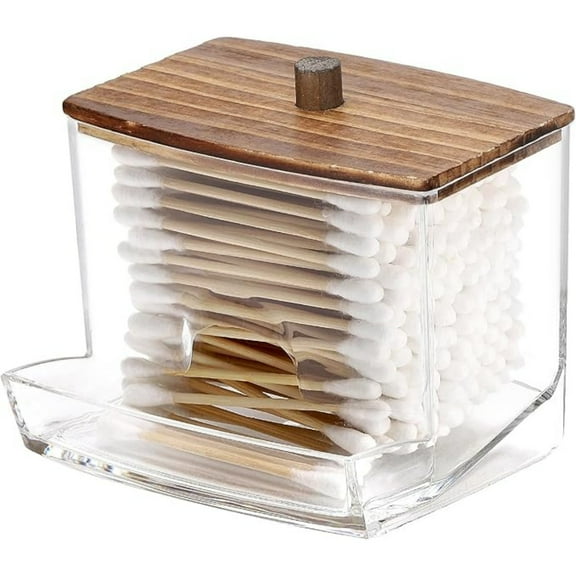 10oz Holder Dispenser with Black Wood Lids, Big Cotton Swab Holder Bathroom Accessories Organizer for Storage-Qtips Cotton Ball, Floss Container