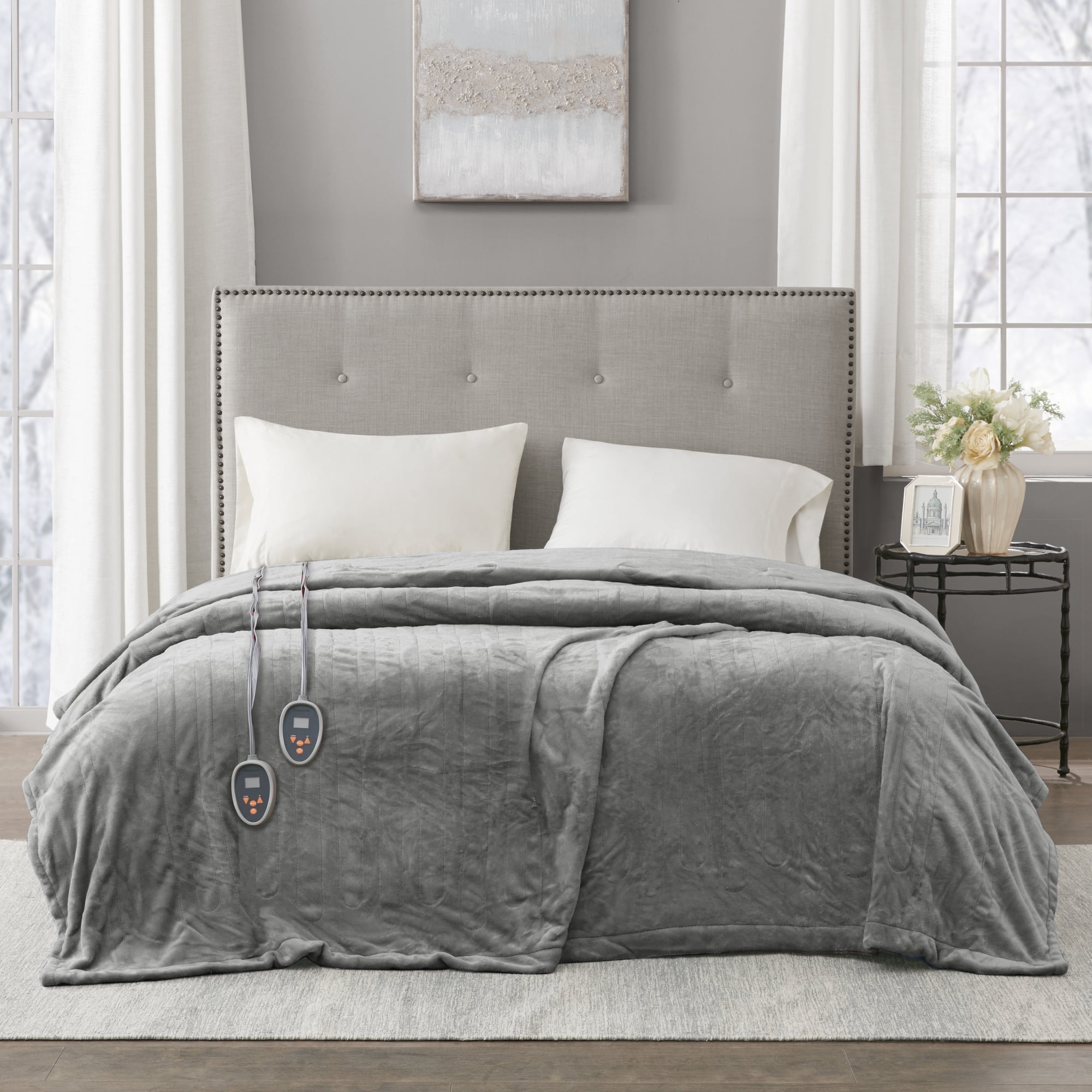 Beautyrest Twin Plush Electric Heated Bed Blanket Gray: Midweight Polyester, Machine Washable, OEKO-TEX Certified
