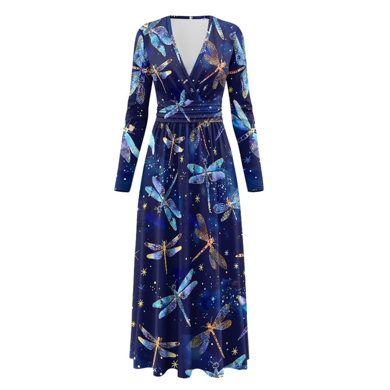 Fkelyi Womens Fall Maxi Dress V-Neck Long Sleeve Casual Dress with Pocket Blue Dragonfly Starry Print A-Line Flowy Tiered Dresses for Spring Winter, S