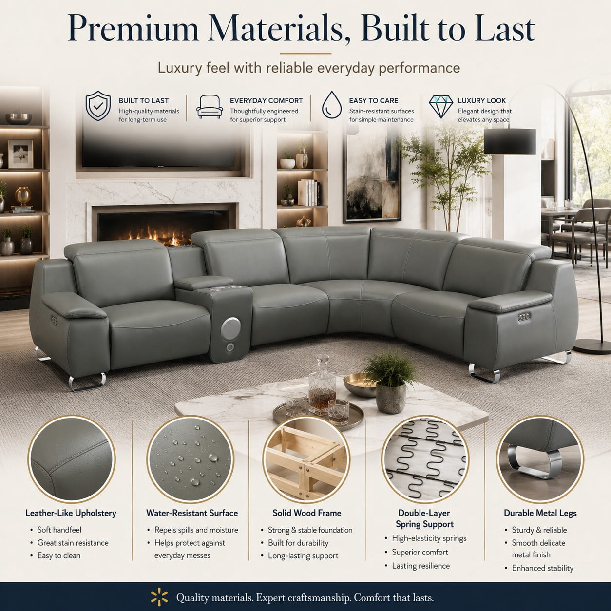 Aenkyo L-Shaped Faux Leather Power Reclining Sectional Sofa with Speaker and Wireless Charging, Gray
