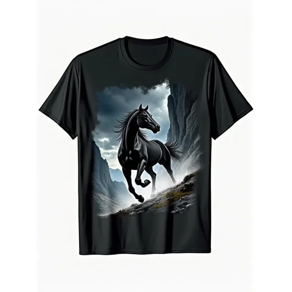 Men'S Dynamic Black Horse Graphic T-Shirt - Soft Cotton Tee with Majestic Galloping Horse & Misty Mountains Design, Everyday & Formal Wear, All-Season Comfort Fit Shirt for
