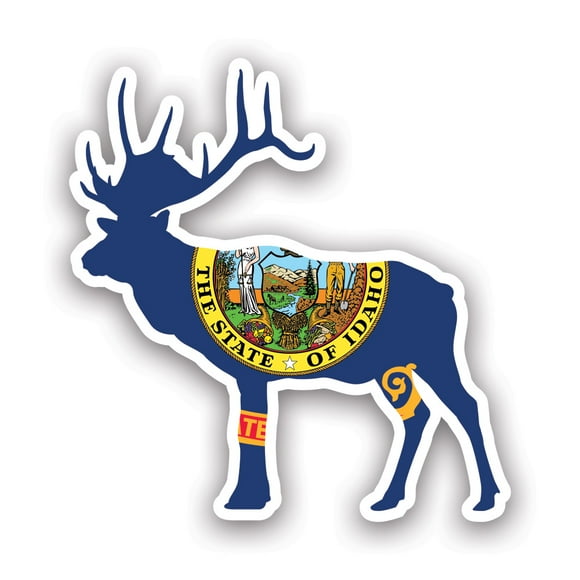 Idaho Deer Shaped Flag Sticker Decal - Self Adhesive Vinyl - Weatherproof - Made in USA - v2 id stag hunter hunting archery antlers outdoors explore