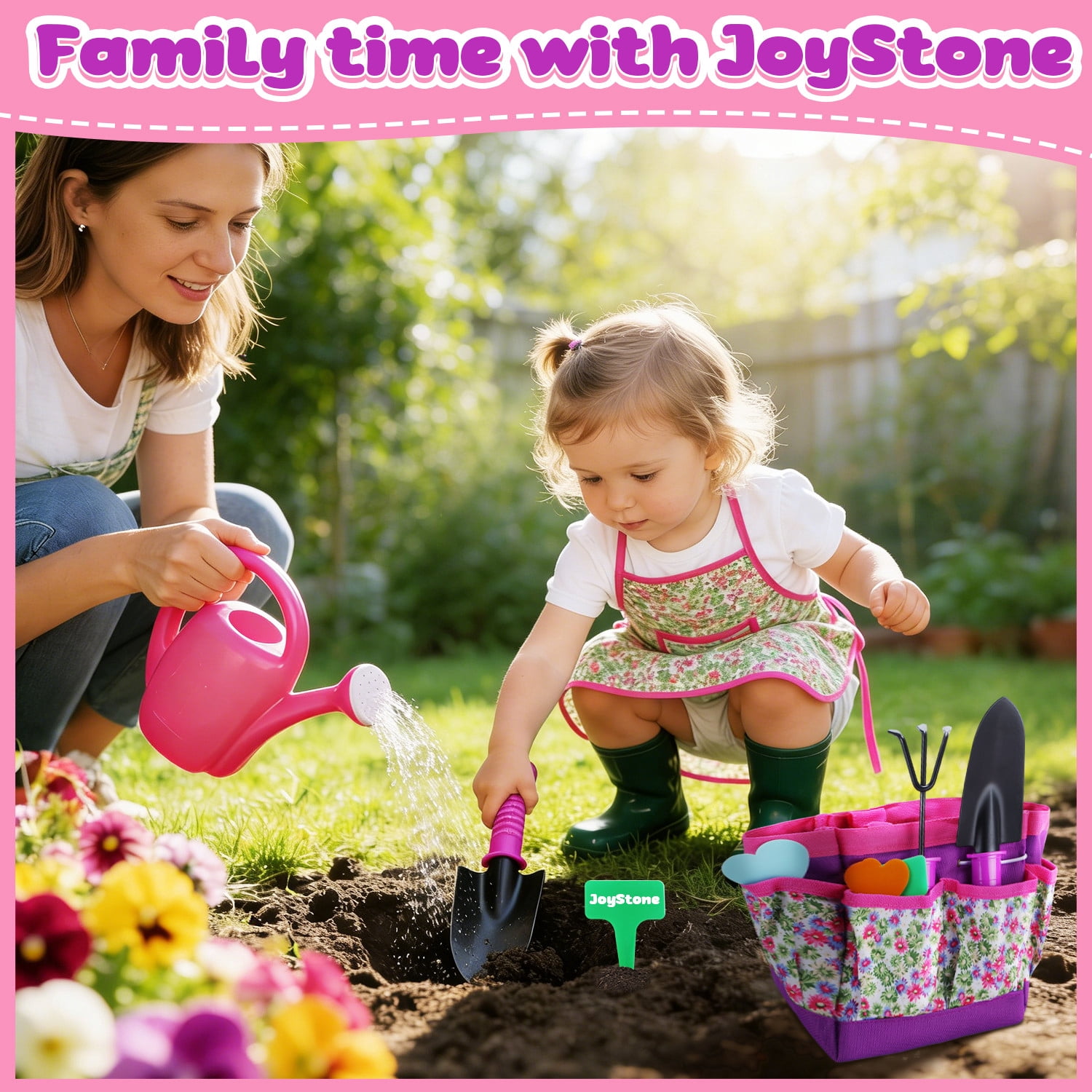 JoyStone 16PCS Kids Gardening Tool Set with Floral Apron & Tote Bag, Watering Can, Gloves, Shovel & Rake, Outdoor Yard Gift for Toddlers Ages 3+