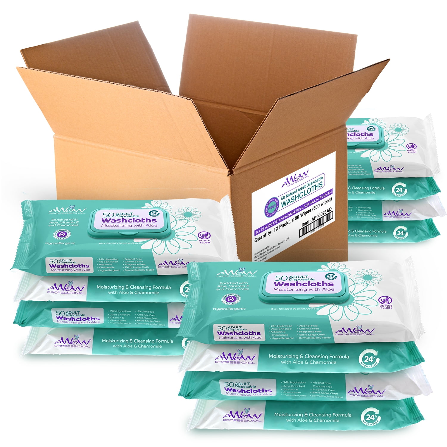AWOW Professional Adult Wipes for Incontinence & Cleansing, Large Disposable Washcloths, Aloe & Vitamin E, Unscented, 50 Count (12 Packs, 600 Wipes Total)