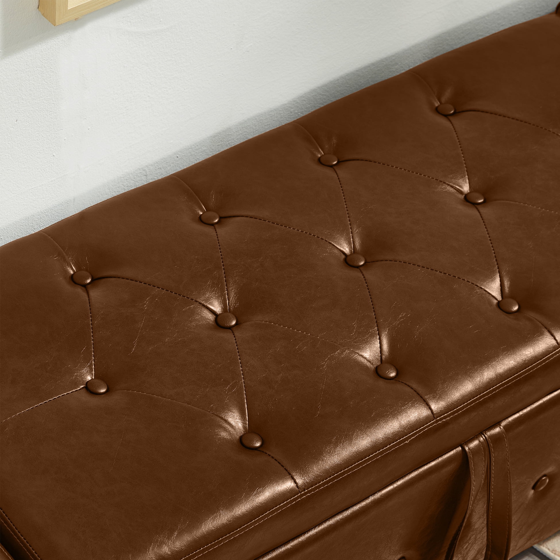 48" Storage Ottoman Bench, Upholstered Faux Leather Entryway Bench with Seating, Tufted Large End of Bed Ottomans for Living Room, Bedroom, Holds up to 300 lb, Brown