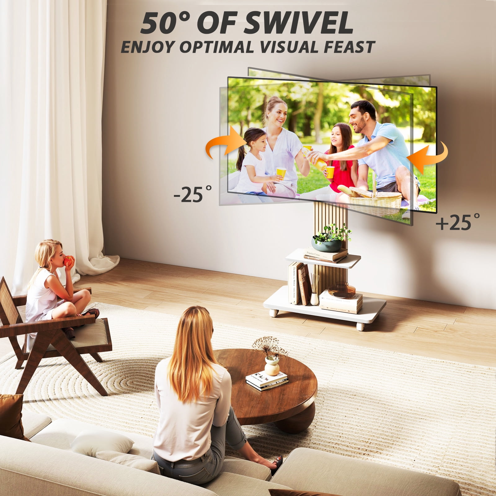 RTVR Rolling TV Cart Stand with Mount for 55 to 90 inch Screens, Heavy Duty Conner TV Stand with Shelves, White