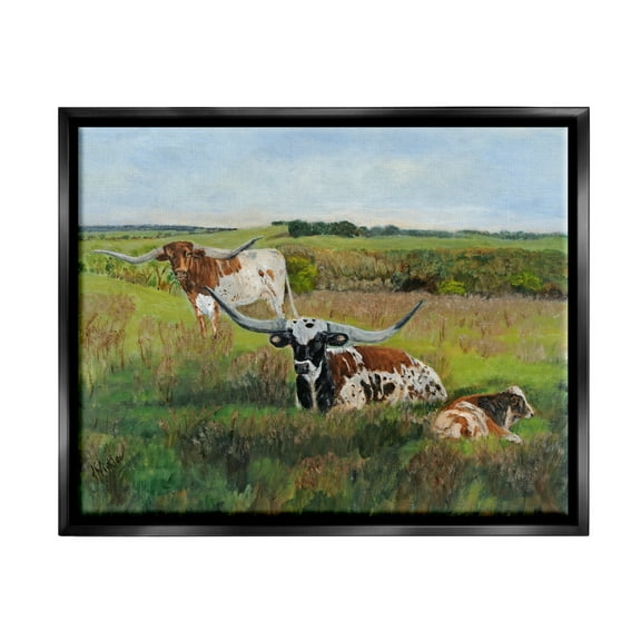 Stupell Country Pasture Longhorn Cattle Animals & Insects Painting Black Floater Framed Art Print Wall Art