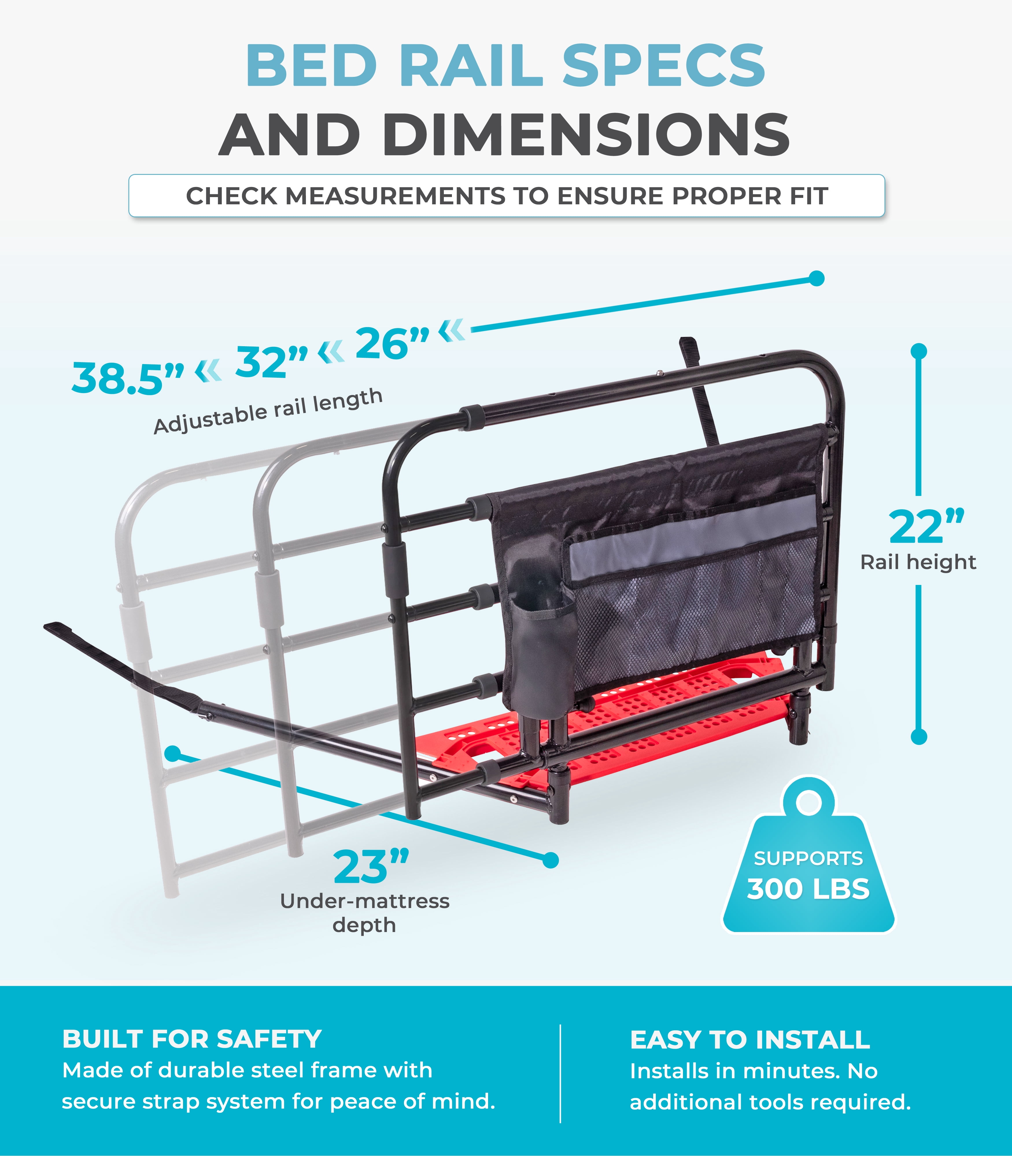 Stander Wonder Pivot Bed Rail Tall, Adjustable Safety Assist Railing with Swing Down Guardrail for Elderly Adults, Fits Taller Mattresses 8 to 16 Inches Thick, ASTM Safety Approved Bedrail, Black