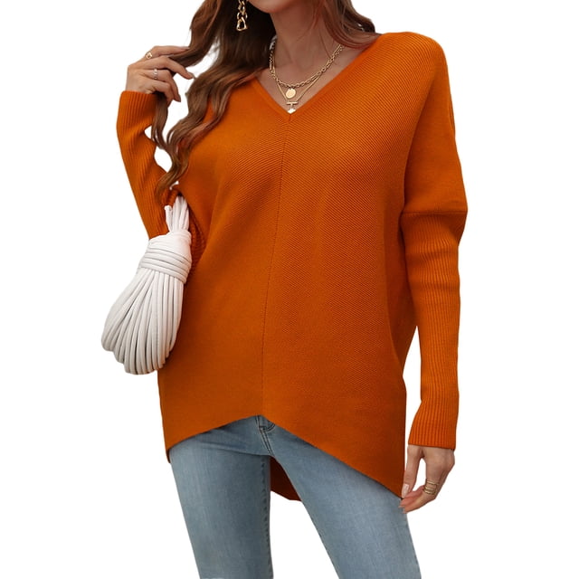Sunloudy Suéter de otoño para mujer, suéter de punto de manga larga con cuello en V de color sólido con dobladillo irregular para damas, S / M / L / XL Sunloudy moda