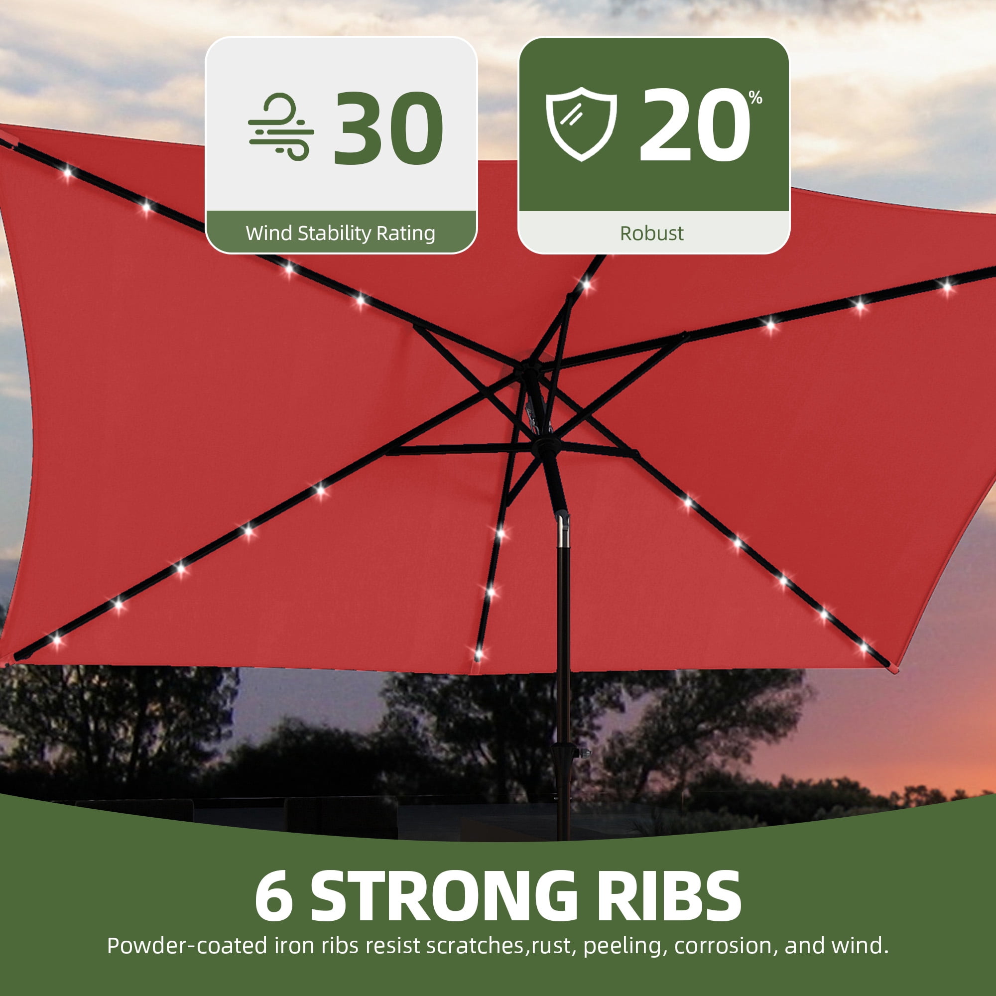 Uforic 6.5' x 10' Patio Umbrellas with 26 LED Lights,Outdoor Portable Shade Market Table Umbrella with Push Button Tilt & Adjust Crank, UV Resistant, Claret-red
