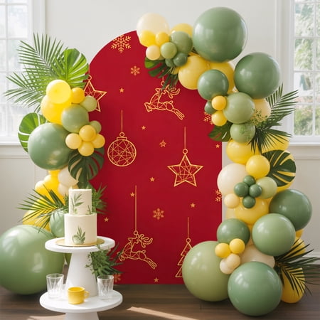 Christmas Red Arch Backdrop Cover 5FT Winter Farmhouse Xmas Tree Reindeer Star Snowflake Spandex Arch Covers Double-Sided Backdrop for Wedding Birthday Party Photo Background Decoration
