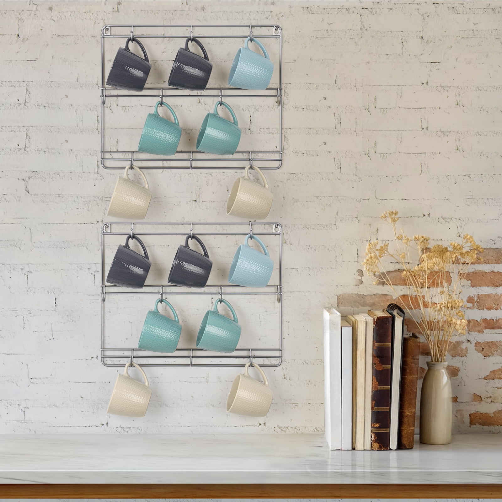 3-Tier Metal Wall Mounted Coffee Cup Holder with 10 Hooks, Silver (Set of 2)