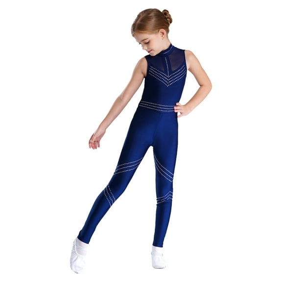 Miutii Kids Girls Sleeveless Shiny Rhinestone Gymnastic Leotard Full Body Unitard Jumpsuit Ballet Dance Bodysuit Navy Blue 8